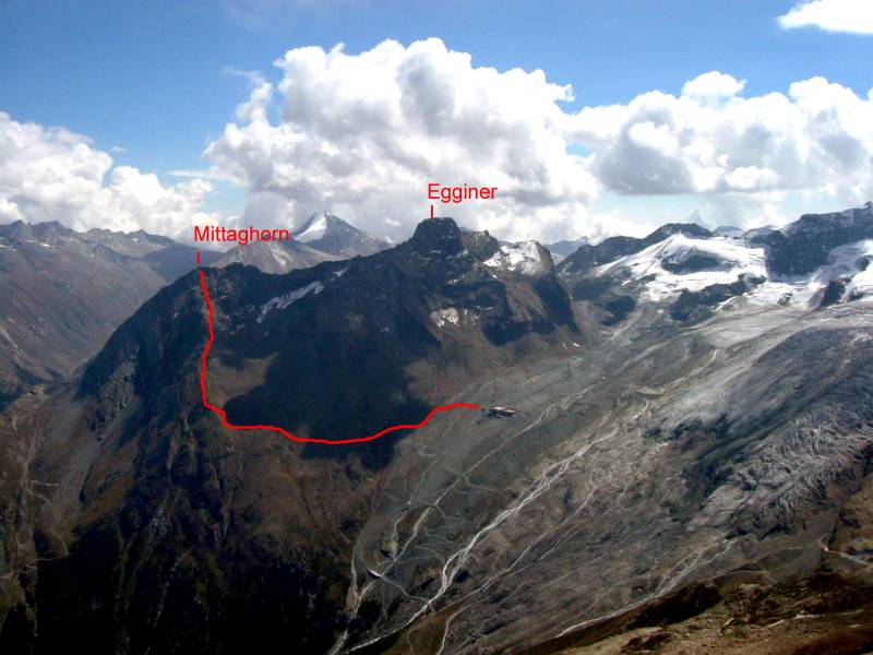Klettersteig Mittaghorn. Blick von Mischabelhütten aus