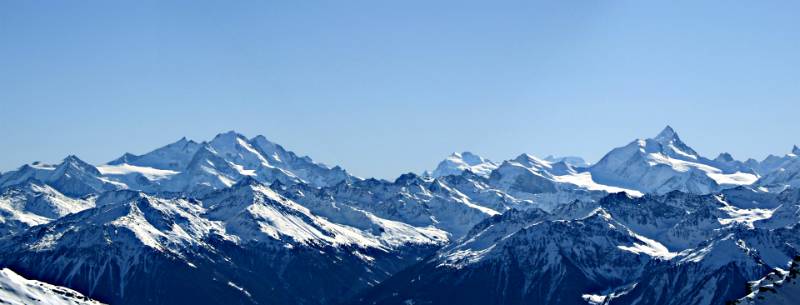Waliseralpen. Rechts: Weisshorn mit Bishorn und Turtmangletscher (da waren wir schon)
