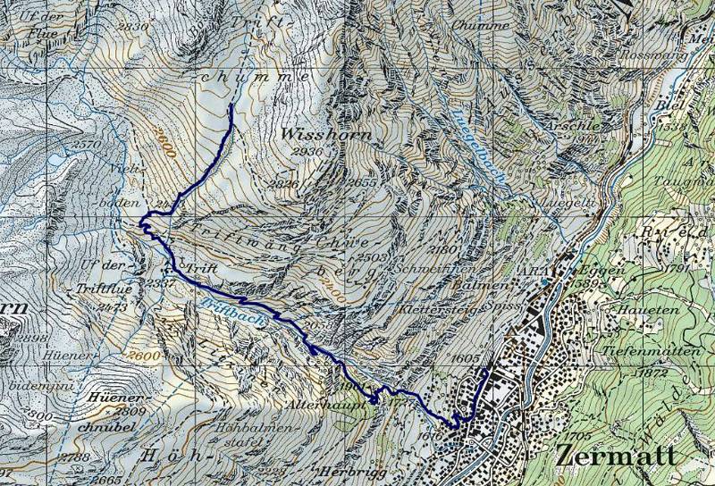 Die Tages-Route: Zermatt - Berggasthaus Trift. Dann noch Wanderung Richtung Mettelhorn