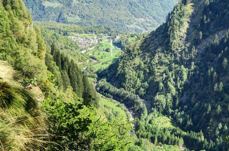 Blick durch Waldlichtung auf Chironico