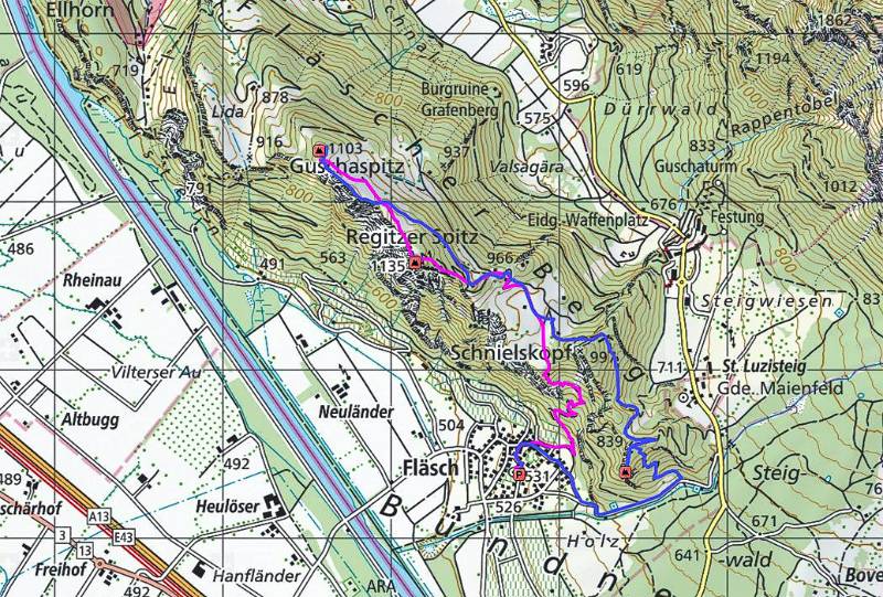 Route auf der Karte: pink - Aufstieg; blau - Abstieg